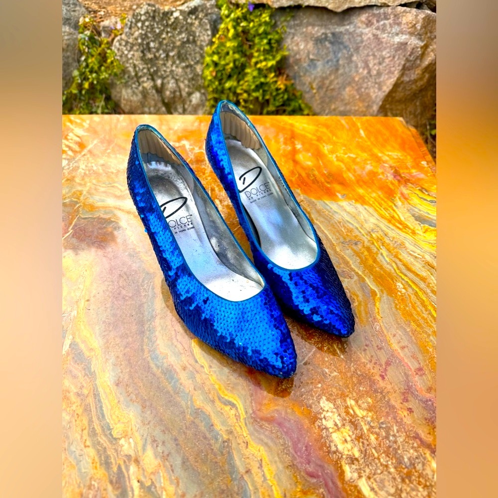 VINTAGE 90s Blue sequin prom heels - Picture 2 of 7